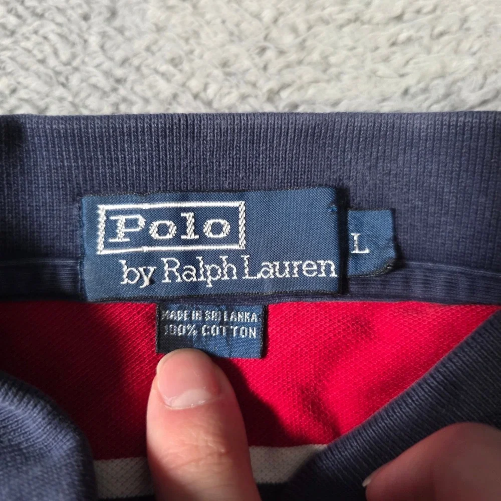 Polo Ralph Lauren Mens Large Polo Shirt Red Navy Blue Striped Short Sleeve Pony